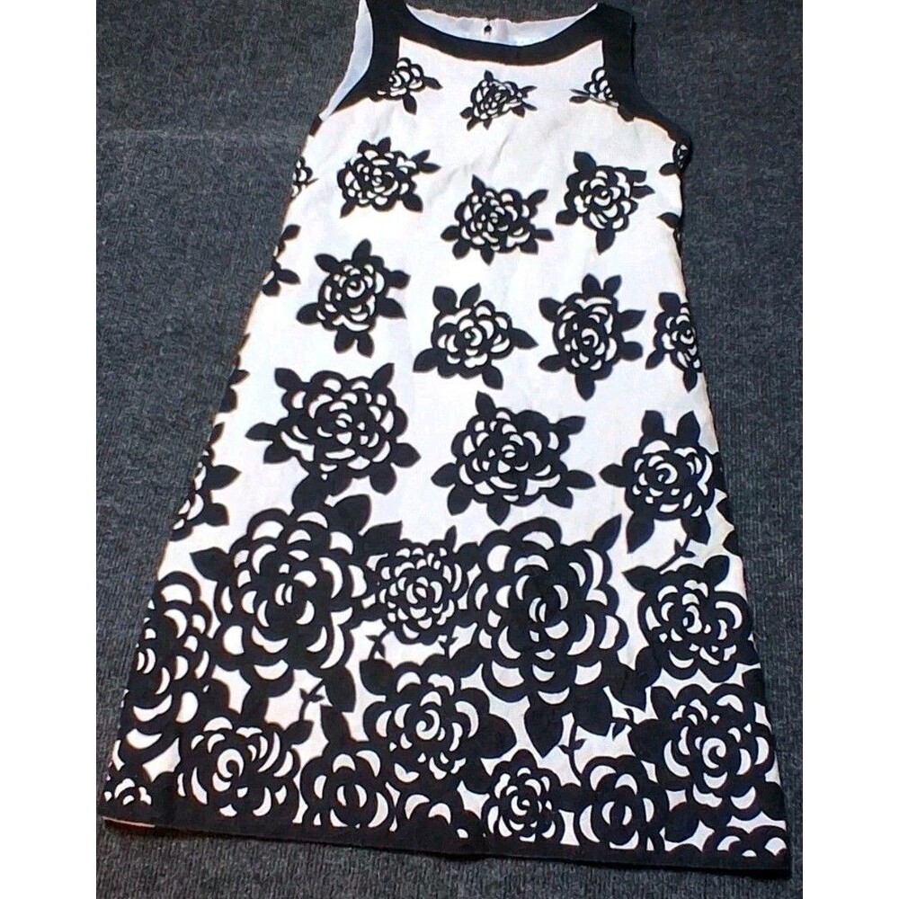 Women’s Black White Floral Shift Dress Sleeveless Lined Cotton Stretch Size 8